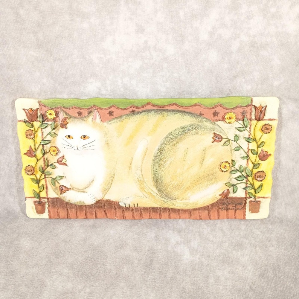Vintage E. Smithson Cat Folk Art 3D Wall Hanging Plaque "Buttercup" flowers